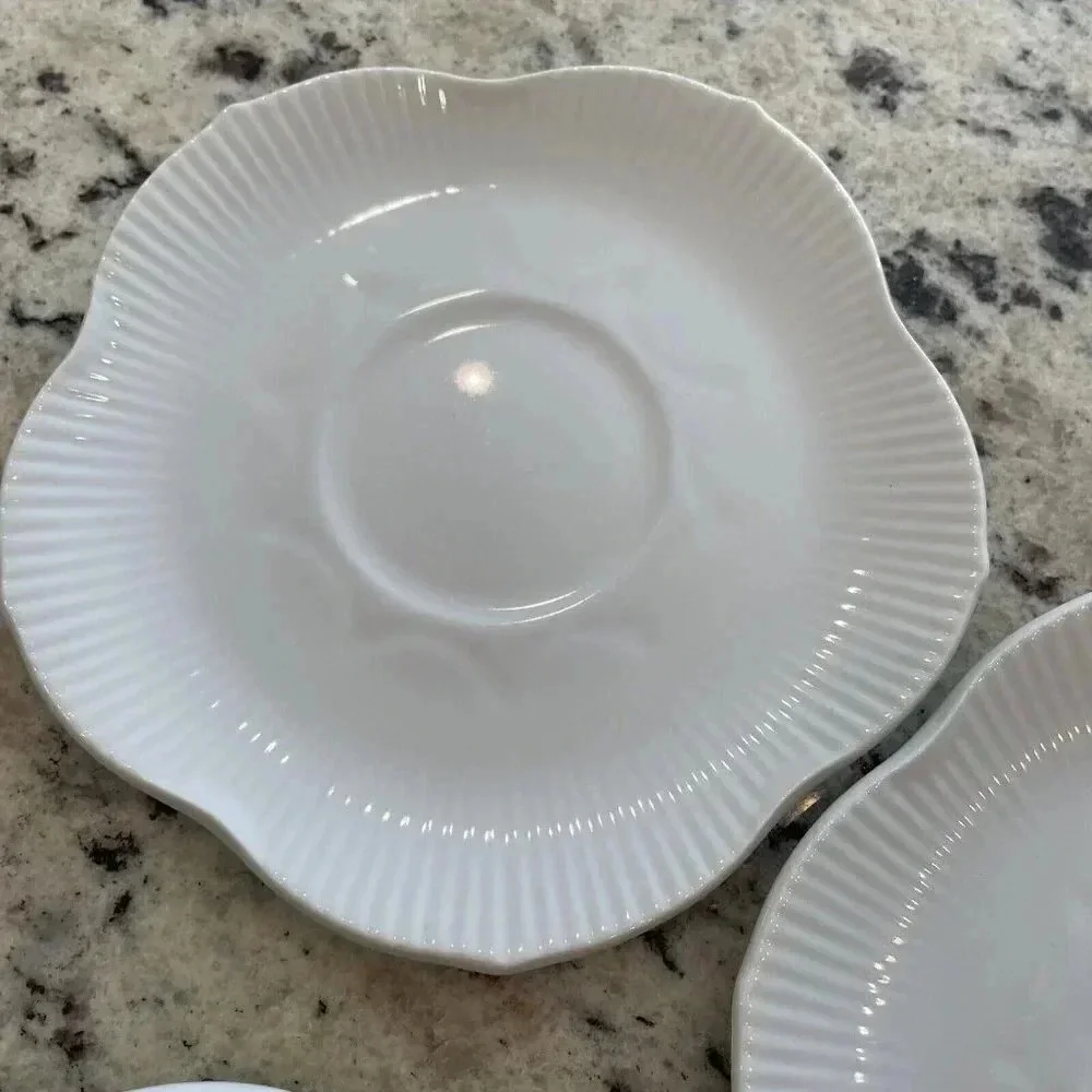 4 Scalloped Saucers - Flower / Shell Shape China Embossed Lines Unmarked Ceramic